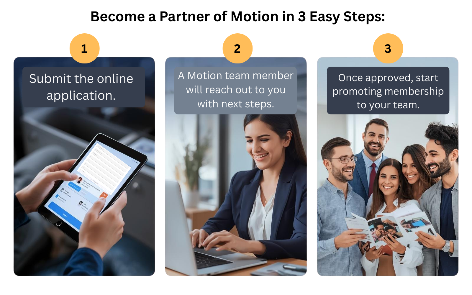 Become a partner of Motion in 3 easy steps.