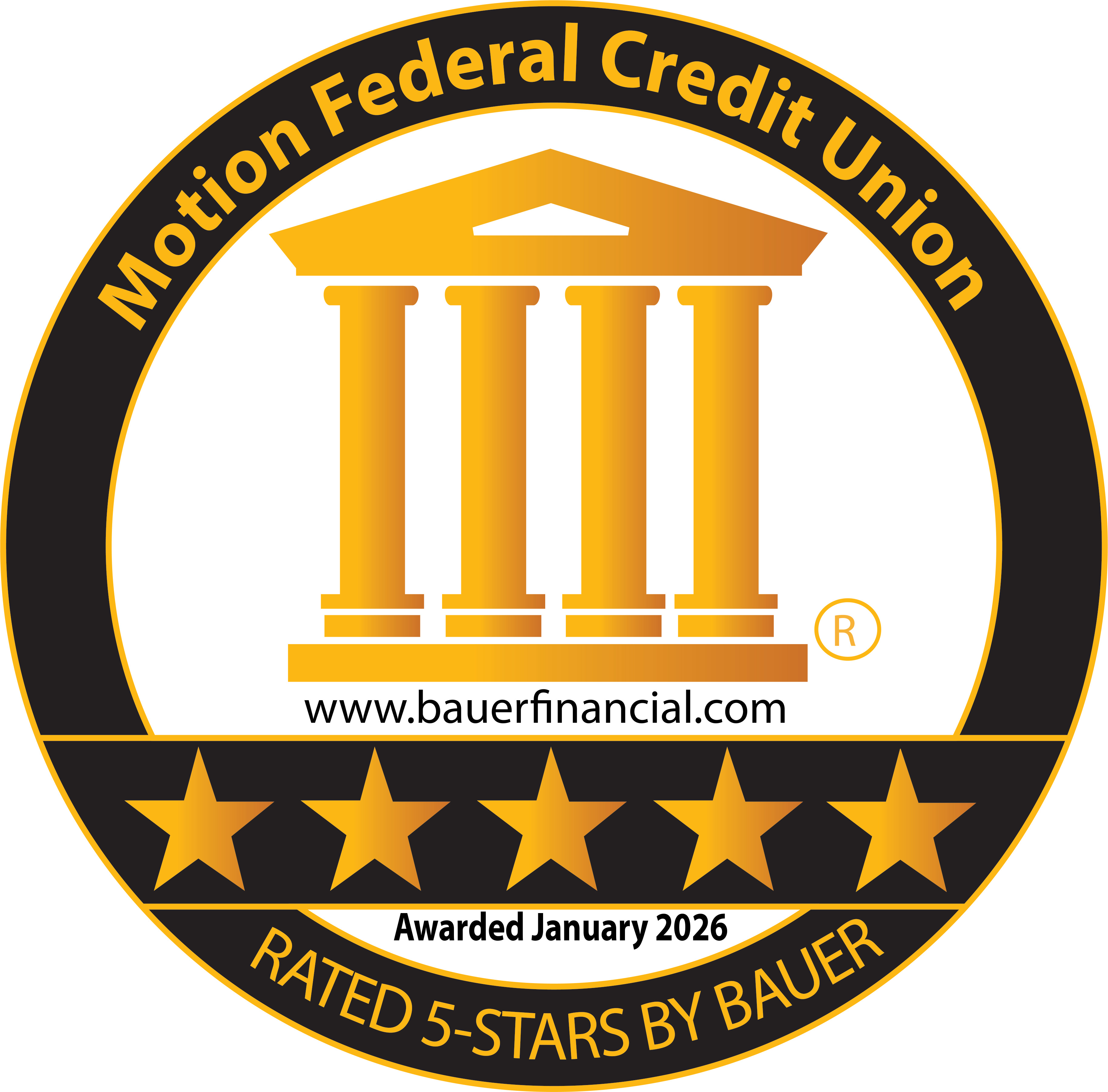 Motion Federal Credit Union received a 5 Star Rating from BauerFinancial